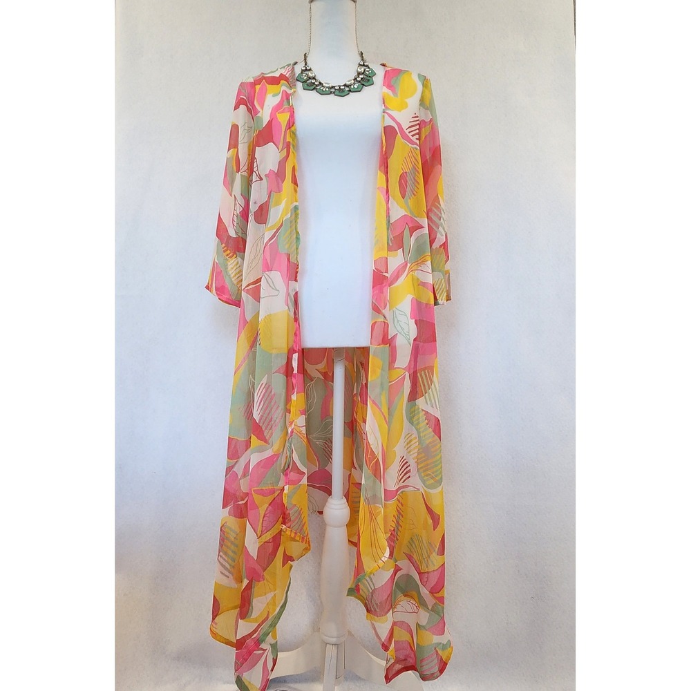 Max Womens Large Abstract Tropical Leaf Print Sheer Maxi Duster Cardigan Pink